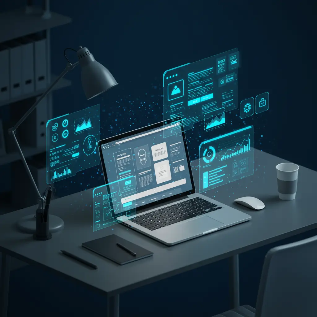 Futuristic workspace setup showcasing a laptop with floating UI/UX design elements, representing Devsort services' professional website development services, web application development, and eCommerce solutions for businesses.